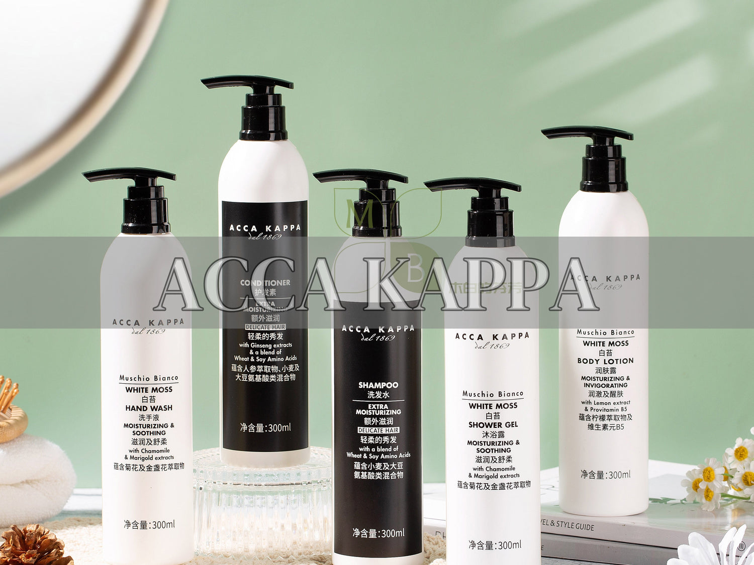 6 bottle ACCA KAPPA toiletries on table