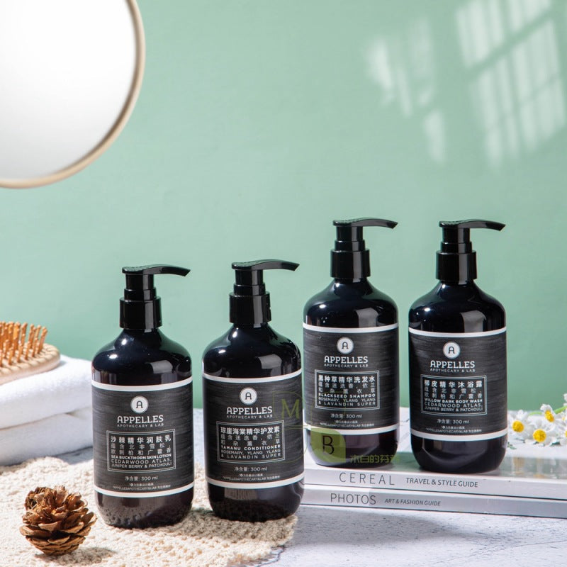 4 bottles of APPELLES Nigella Sativa toiletries showed.