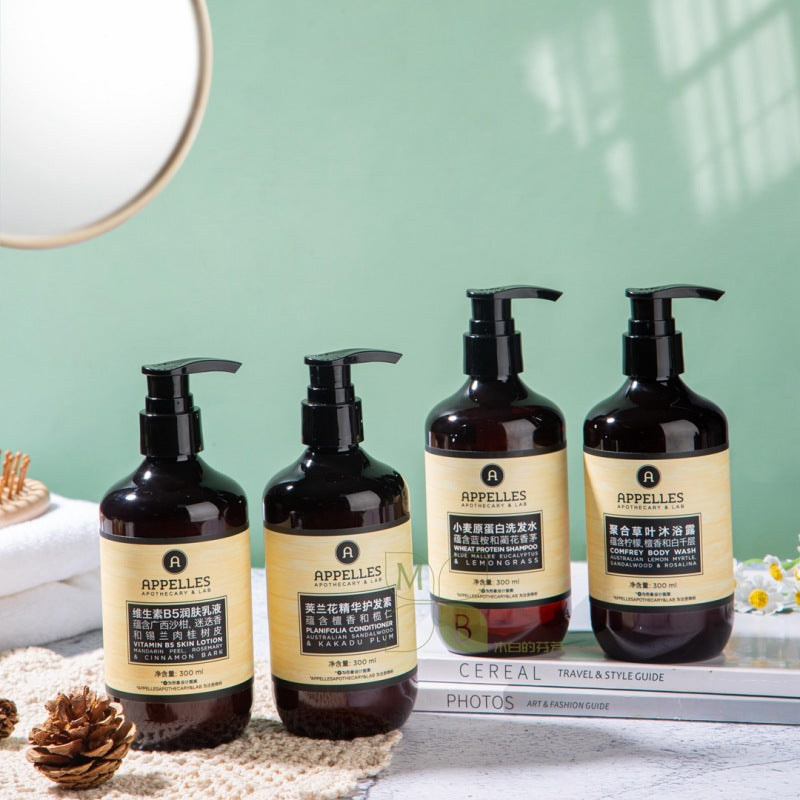 4 bottles of APPELLES hotel toiletries displayed.