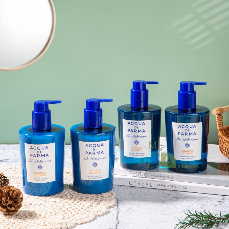 Acqua Di Parma body lotion, hotel-shampoo-conditioner