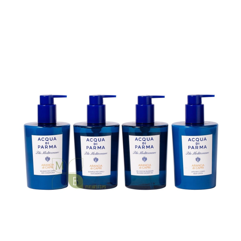 Acqua Di Parma body lotion, hotel-shampoo-conditioner