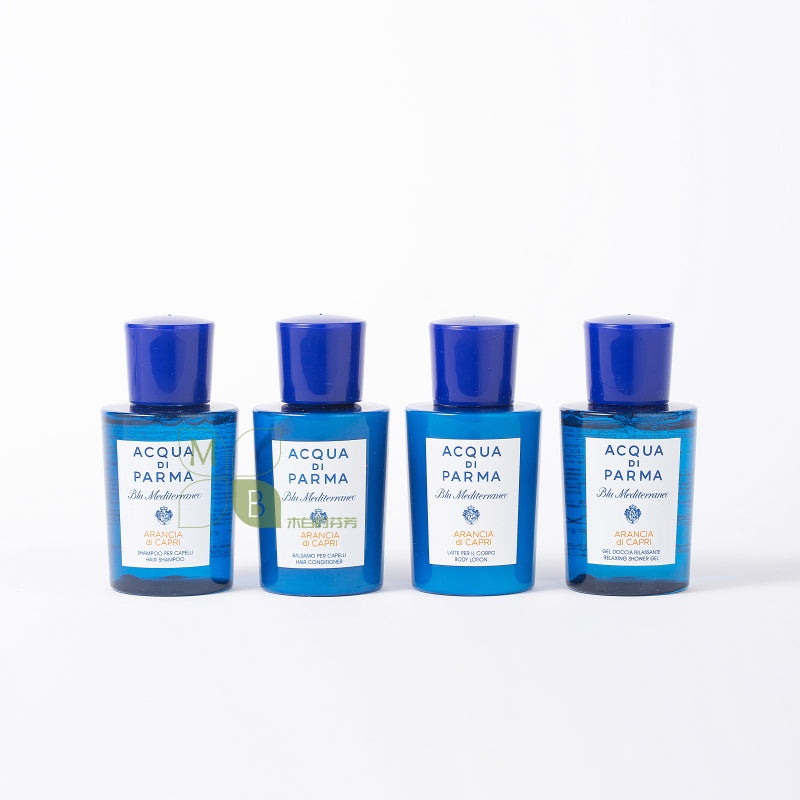 Acqua Di Parma body lotion, hotel-shampoo-conditioner