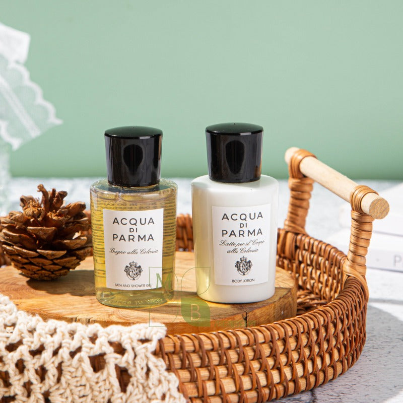 Acqua Di Parma body lotion, hotel-shampoo-conditioner