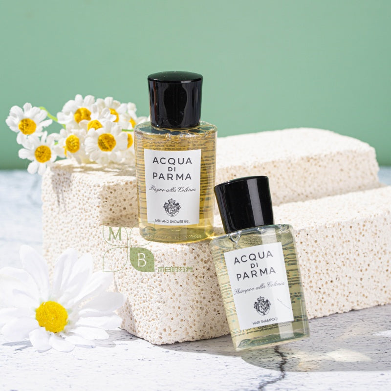 Acqua Di Parma body lotion, hotel-shampoo-conditioner