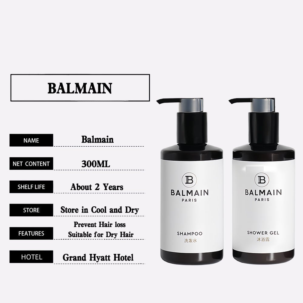 Balmain body lotion, hotel-shampoo-conditioner