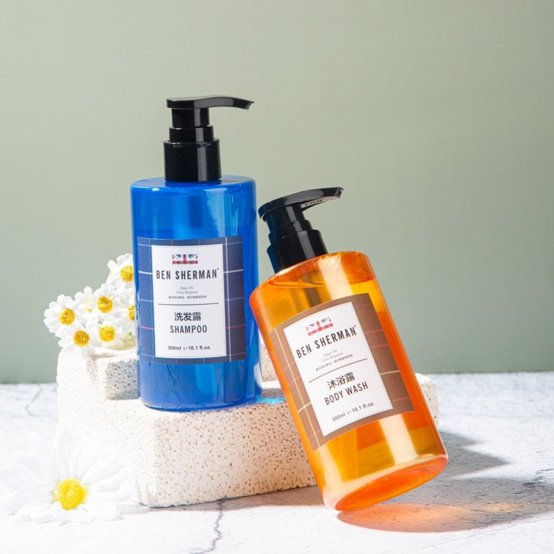 two bottles of BEN SHERMAN hotel shampoo and shower gel 300ml.