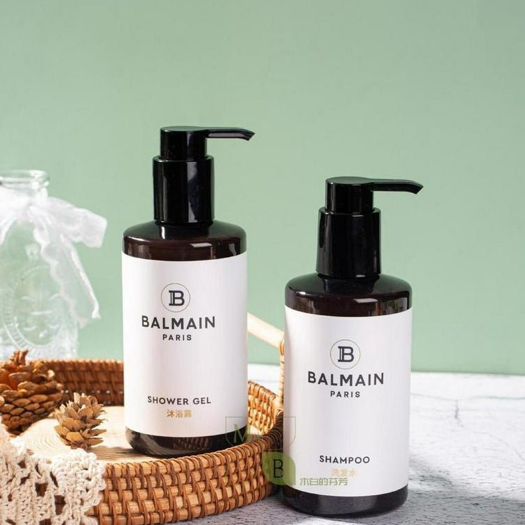 Balmain body lotion, hotel-shampoo-conditioner