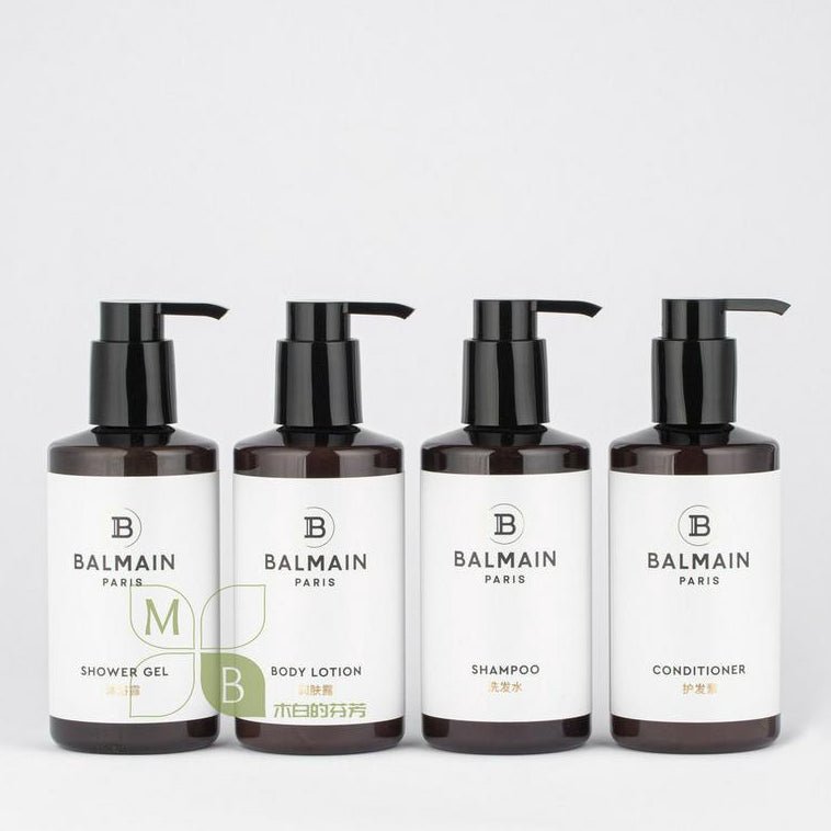 Balmain body lotion, hotel-shampoo-conditioner