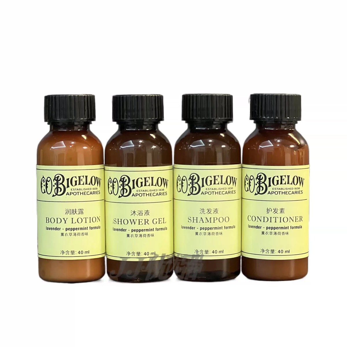 C.O.BIGELOW body lotion, hotel-shampoo-conditioner