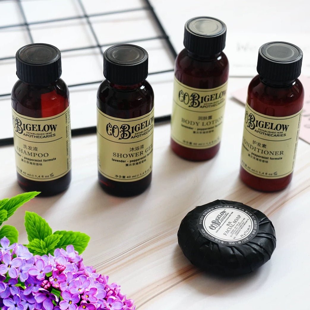 C.O.BIGELOW body lotion, hotel-shampoo-conditioner