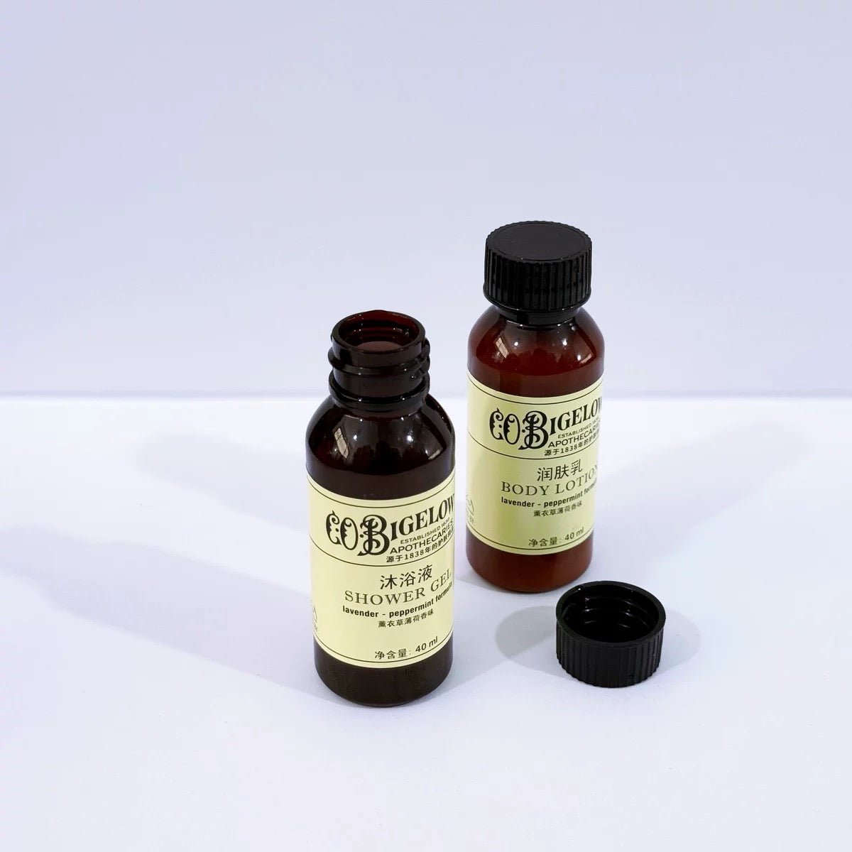 C.O.BIGELOW body lotion, hotel-shampoo-conditioner