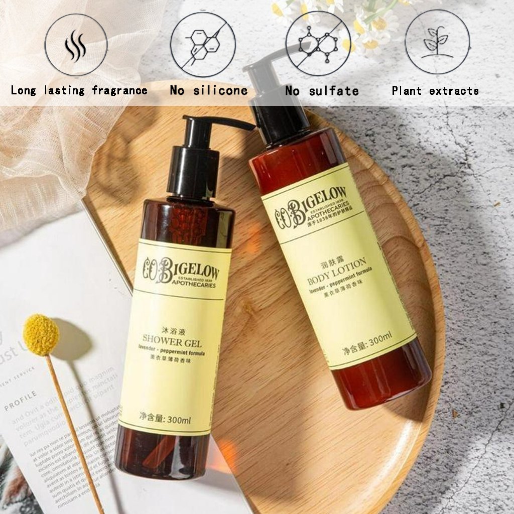 C.O.BIGELOW body lotion, hotel-shampoo-conditioner