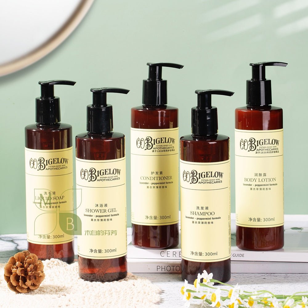 C.O.BIGELOW body lotion, hotel-shampoo-conditioner