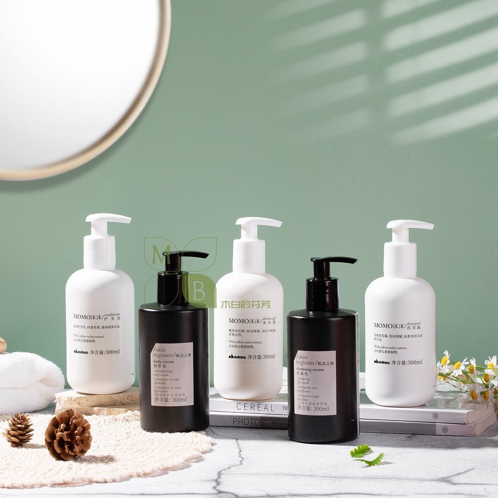 DAVINES MOMO body lotion, hotel-shampoo-conditioner
