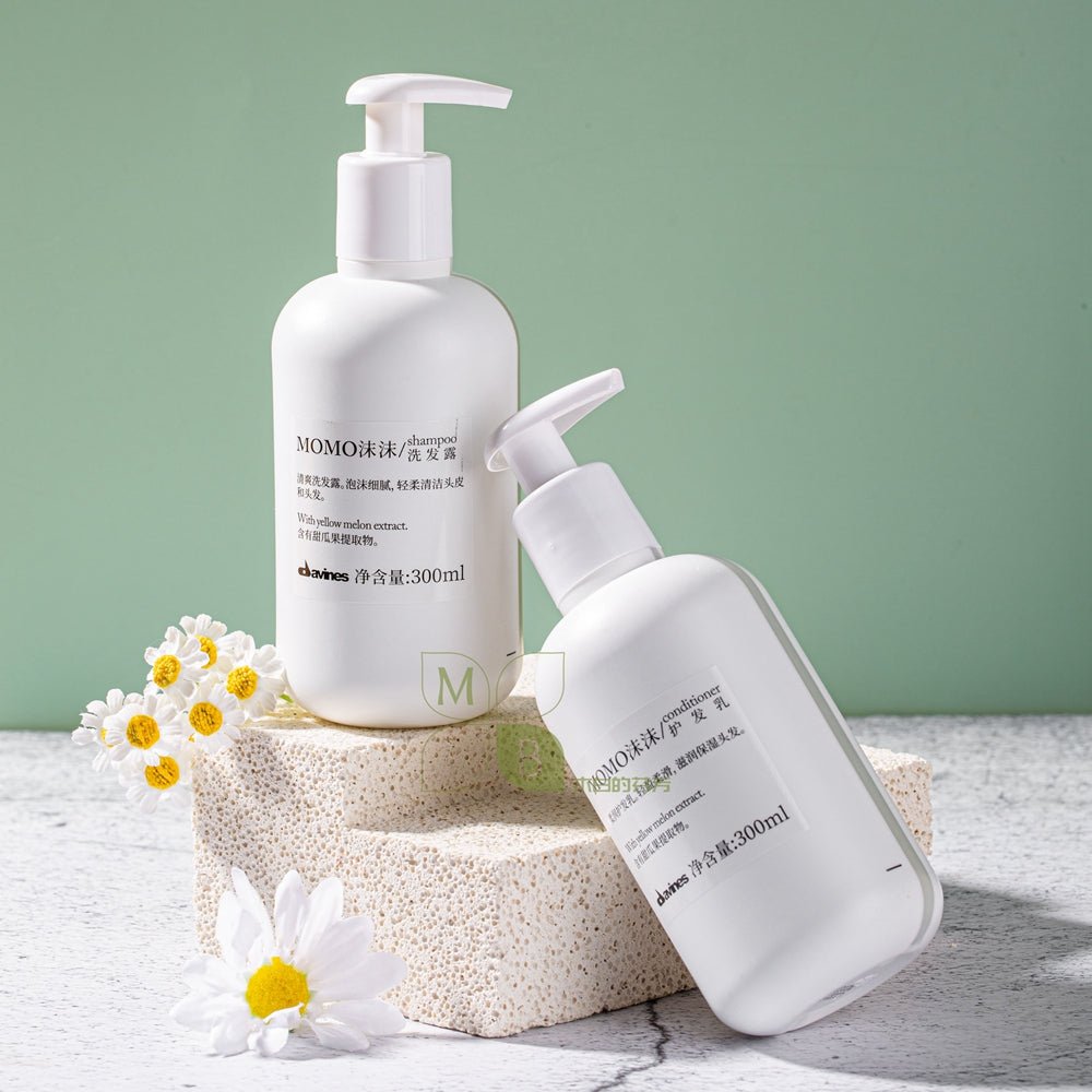 DAVINES MOMO body lotion, hotel-shampoo-conditioner