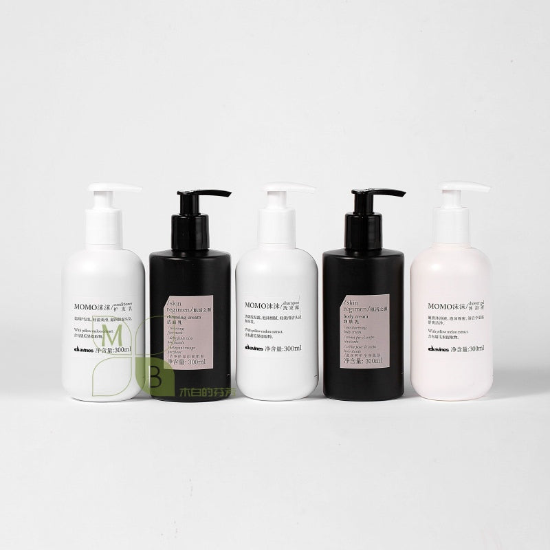DAVINES MOMO body lotion, hotel-shampoo-conditioner