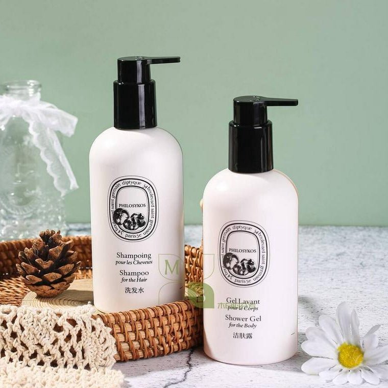 Diptyque body lotion, hotel-shampoo-conditioner, Philosykos