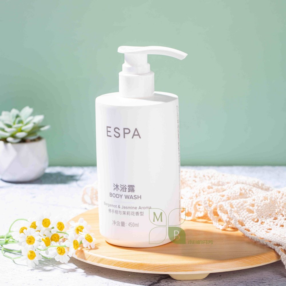 ESPA body lotion, hotel-shampoo-conditioner