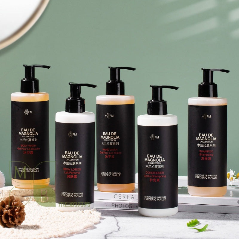 Frederic Malle body lotion, hotel-shampoo-conditioner