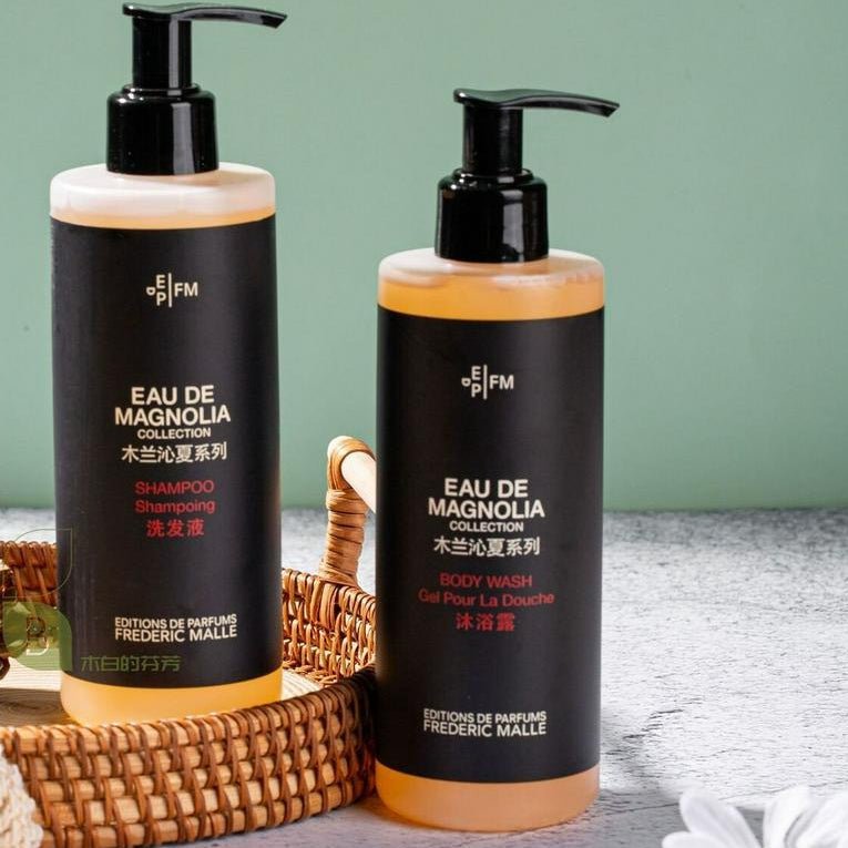 Frederic Malle body lotion, hotel-shampoo-conditioner