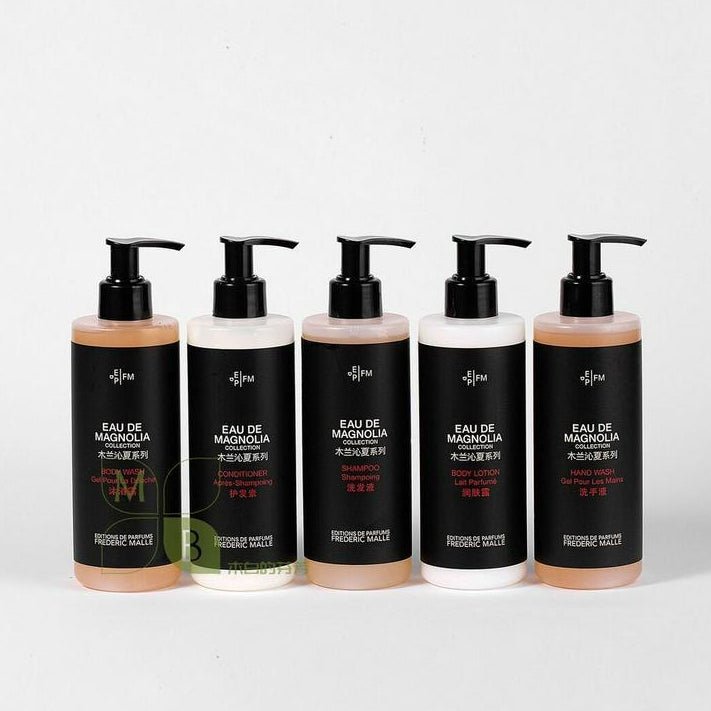 Frederic Malle body lotion, hotel-shampoo-conditioner