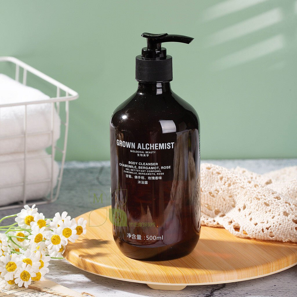 Grown Alchemist body lotion, hotel-shampoo-conditioner