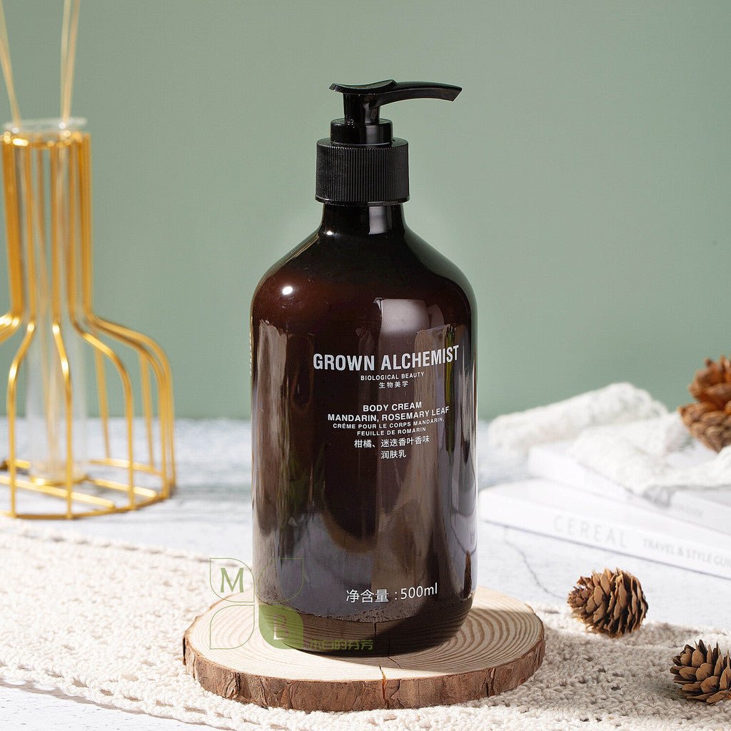 Grown Alchemist body lotion, hotel-shampoo-conditioner