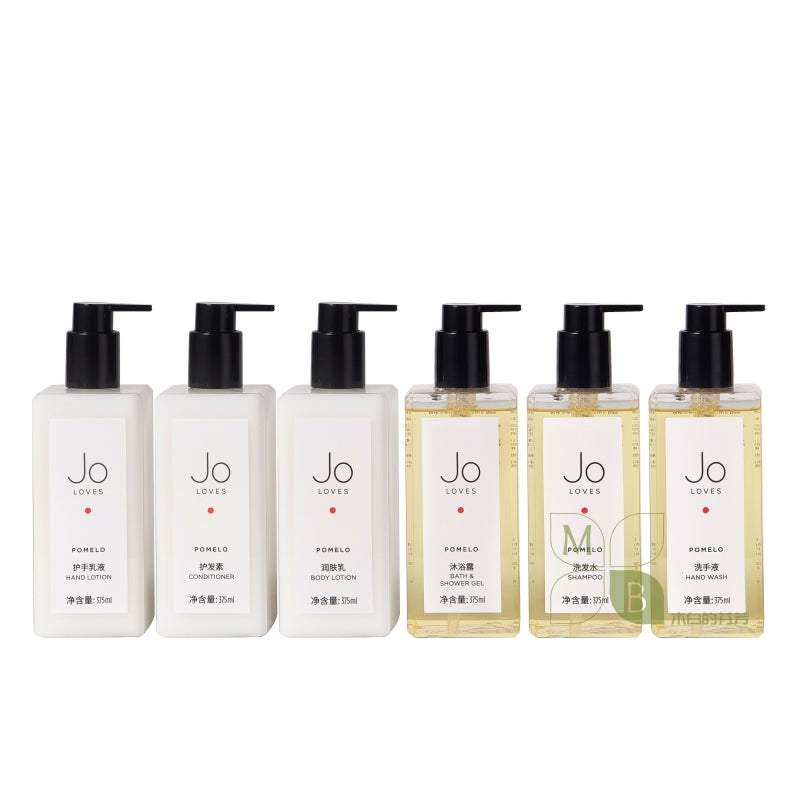 JO LOVES body lotion, hotel-shampoo-conditioner