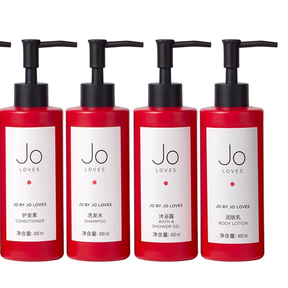 JO LOVES body lotion, hotel-shampoo-conditioner