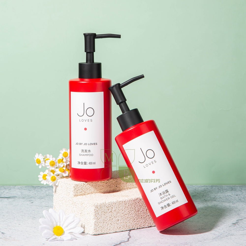 JO LOVES body lotion, hotel-shampoo-conditioner