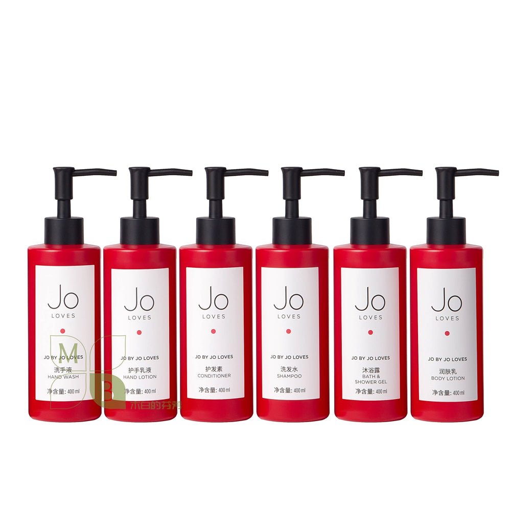 JO LOVES body lotion, hotel-shampoo-conditioner