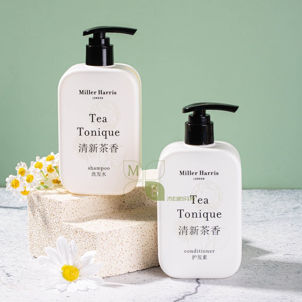 Miller Harris body lotion, hotel-shampoo-conditioner