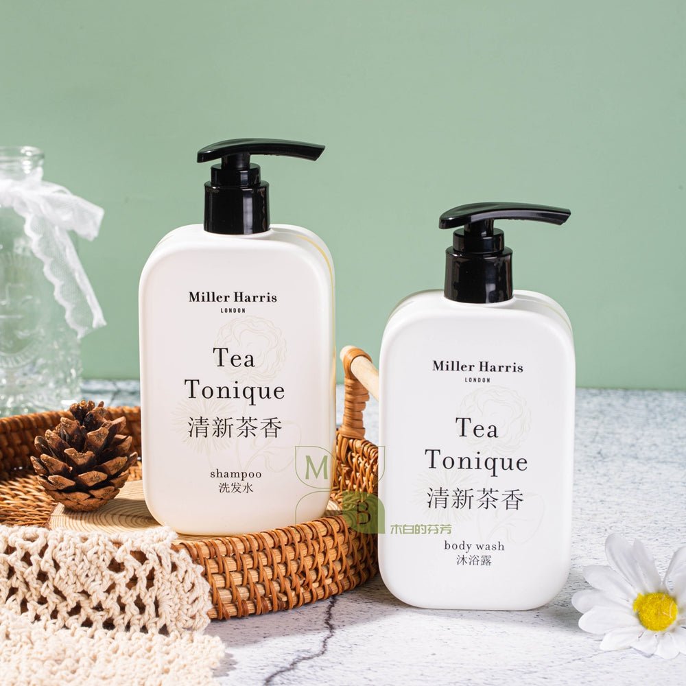 Miller Harris body lotion, hotel-shampoo-conditioner