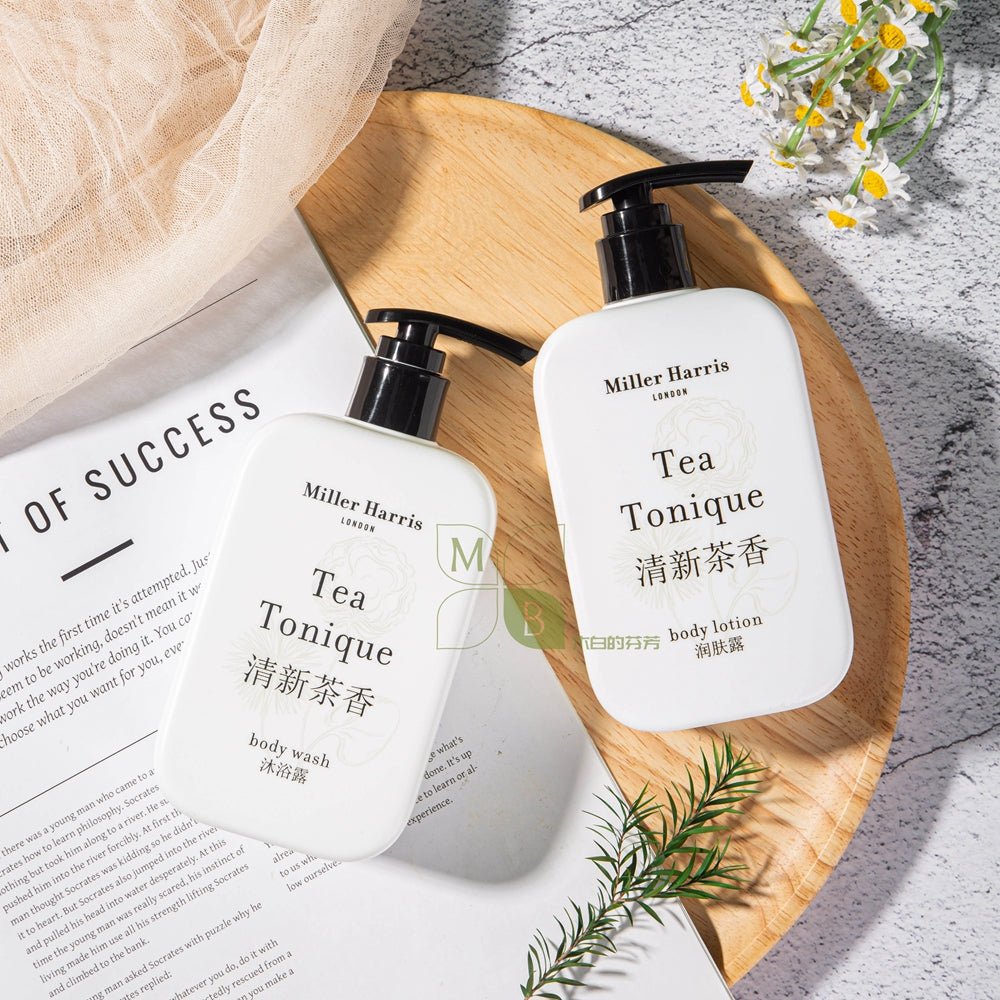 Miller Harris body lotion, hotel-shampoo-conditioner