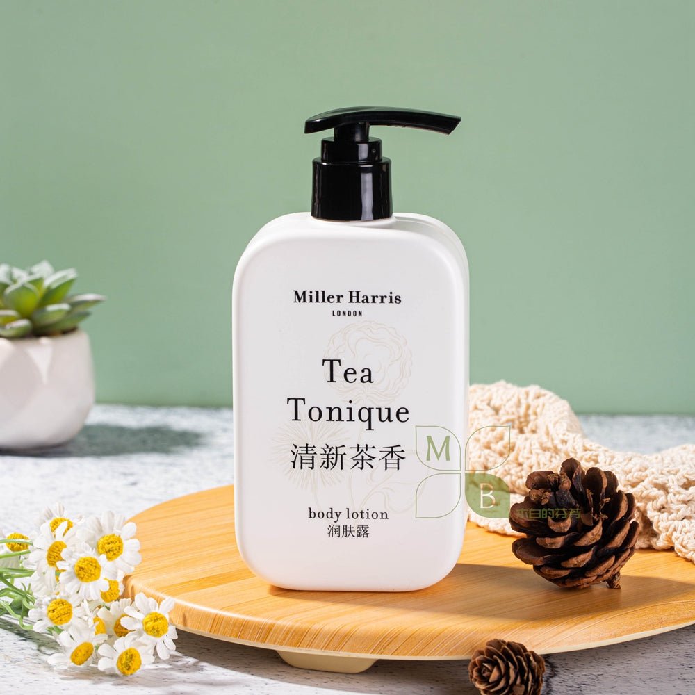 Miller Harris body lotion, hotel-shampoo-conditioner