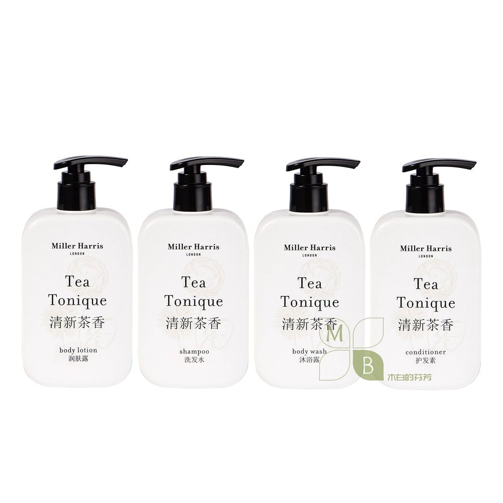 Miller Harris body lotion, hotel-shampoo-conditioner