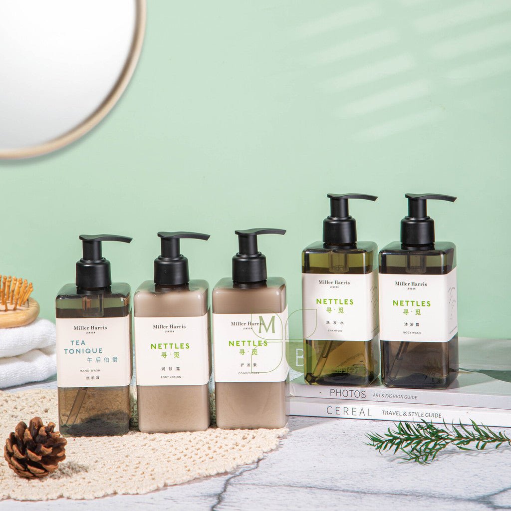 Miller Harris body lotion, hotel-shampoo-conditioner