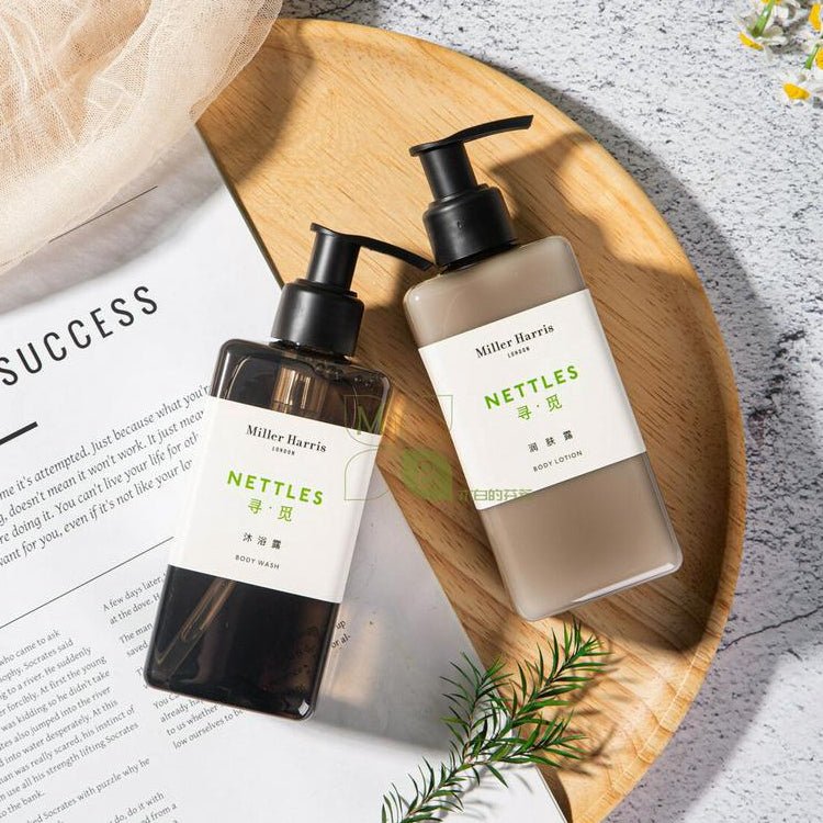 Miller Harris body lotion, hotel-shampoo-conditioner