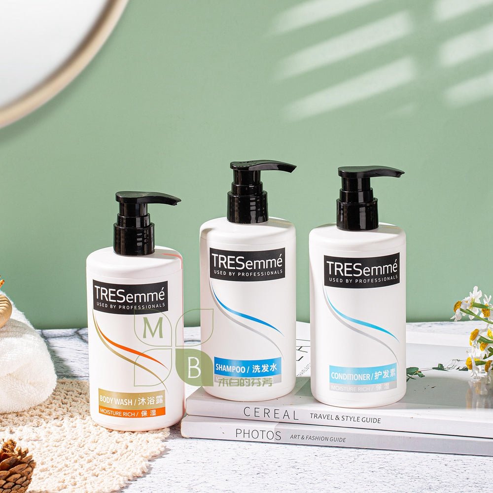 TRESemme body lotion, hotel-shampoo-conditioner