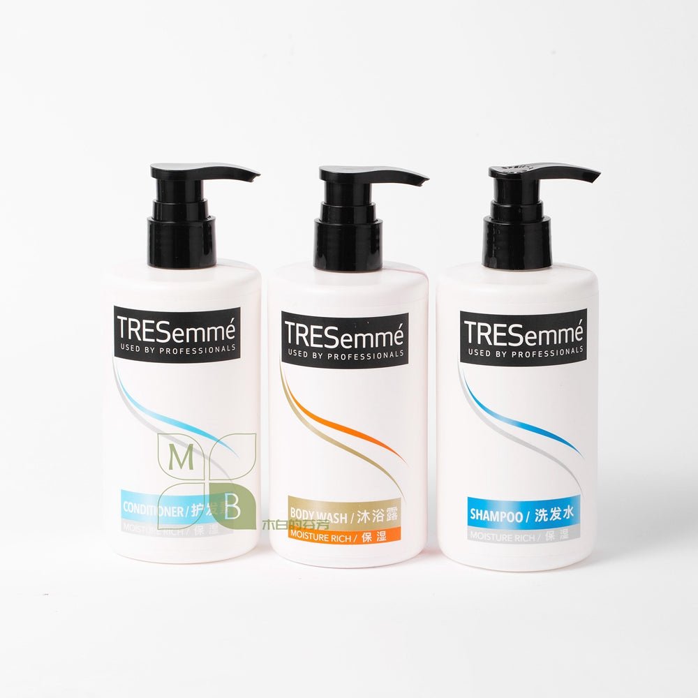 TRESemme body lotion, hotel-shampoo-conditioner