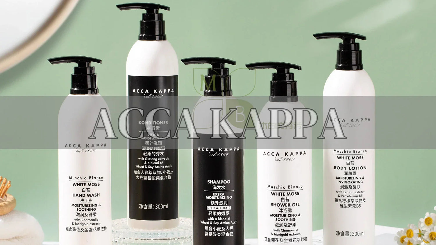 6 bottle ACCA KAPPA toiletries on table