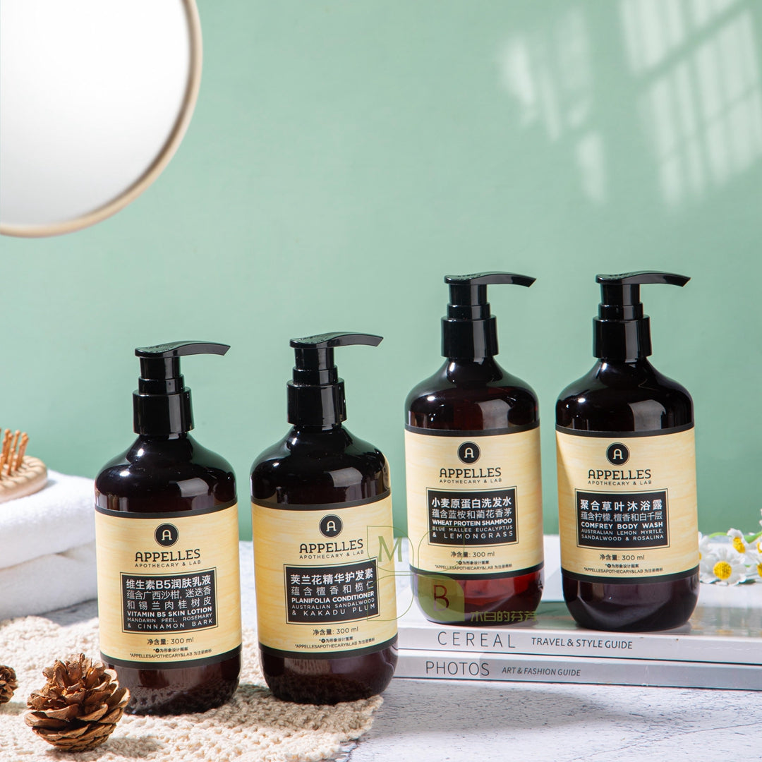 4 bottles of APPELLES hotel toiletries displayed.