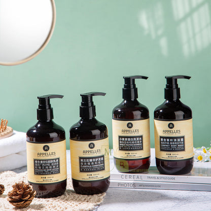 4 bottles of APPELLES hotel toiletries displayed.