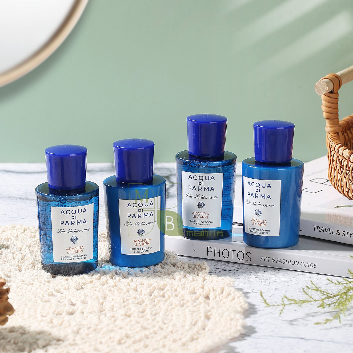 Acqua Di Parma body lotion, hotel-shampoo-conditioner