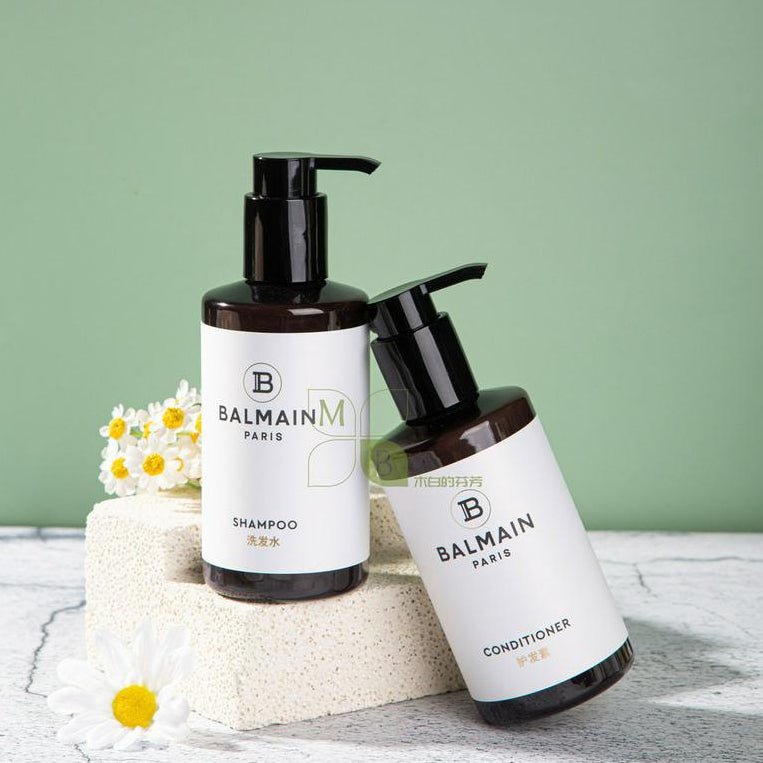 Balmain body lotion, hotel-shampoo-conditioner