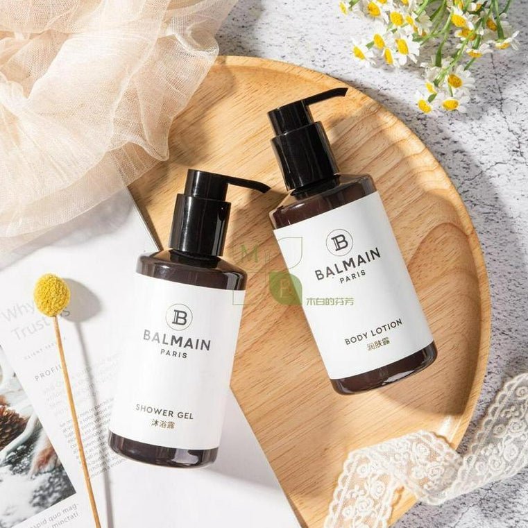 Balmain body lotion, hotel-shampoo-conditioner