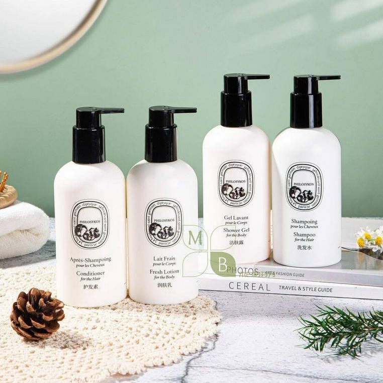 Diptyque body lotion, hotel-shampoo-conditioner, Philosykos
