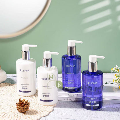 ELEMIS body lotion, hotel-shampoo-conditioner