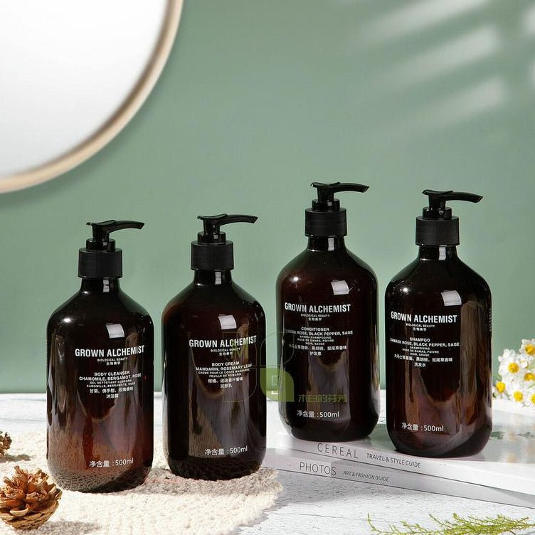 Grown Alchemist body lotion, hotel-shampoo-conditioner