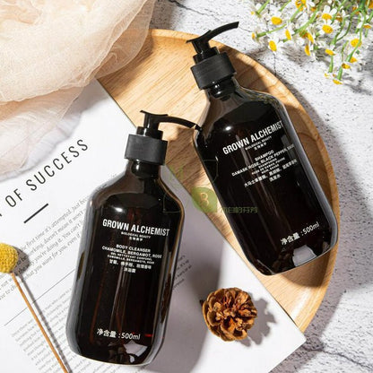 Grown Alchemist body lotion, hotel-shampoo-conditioner